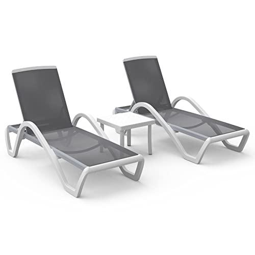 Domi Patio Chaise Lounge Chair Set of 3,Outdoor Aluminum Polypropylene Sunbathing Chair with Adjustable Backrest,Arm,Side Table,for Beach,Yard,Balcony,Poolside(2 Gray Chairs W/Table) - CookCave