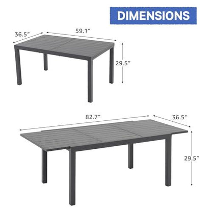 Soleil Jardin Aluminum Patio Extendable Dining Table, 59" - 83", Adjustable Indoor Outdoor Furniture Rectangle Table for 6-8 Person Porch Deck Garden, Dark-Grey - CookCave