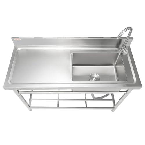 VEVOR Stainless Steel Utility Sink, 1 Compartment Free Standing Small Sink w/Workbench Faucet & legs, 47.2 x 19.7 x 37.4 in Commercial Single Bowl Sinks for Garage, Restaurant, Laundry, NSF Certified - CookCave