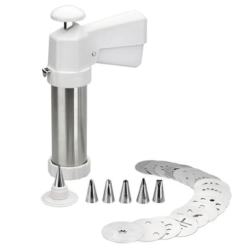 Ibili Cookie Press Gun, 18/10 INOX Stainless Steel Cookie Press for Baking, Dishwasher Safe, Includes 10 Variated Discs and 8 Interchangeable Nozzles - Made in Spain - CookCave