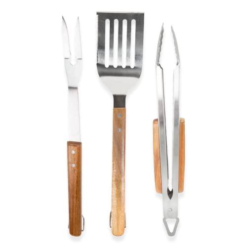 BBQ-AID 3 Piece Grill Set BBQ Accessories - Kitchen Tongs, Metal Spatula & Fork Utensils - Heavy Duty Stainless Steel Barbecue Grill Utensils for Outdoor Grill with Solid Sturdy Wood Handles - CookCave