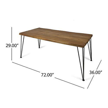 Christopher Knight Home Kama Patio Dining, Rectangular, 72", Acacia Wood Table Top, Rustic Iron Hairpin Legs, Teak Finish, Metal - CookCave