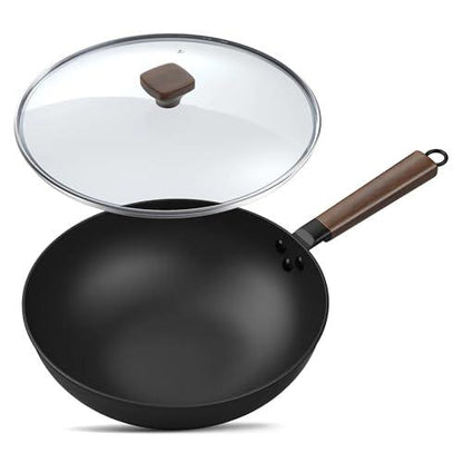 Bielmeier 13" Wok Pan, Woks and Stir Fry Pans with Glass Lid, Wok Pan, Flat Bottom Carbon Steel Wok Suits for all Stoves… - CookCave