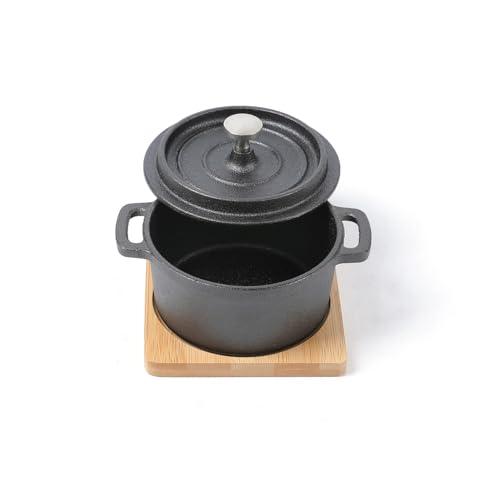 HAWOK Cast Iron Mini Round Cocotte Set, 0.3QT Mini Dutch Ovens with Lids and Bamboo Trays, 270ml/9.13oz/1.08cups, Set of 6, Black - CookCave