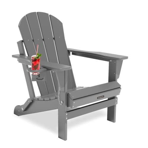 MUCHENGHY Outdoor Folding Adirondack Chair Weather Resistant Patio Chair with Cup Holder for Outside, Deck, Lawn, Backyard, Garden, Fire Pit, Campfire Lounger(Gray) - CookCave