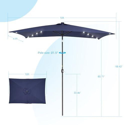 Bonosuki 10x6.5' Solar LED Outdoor Umbrella Patio Umbrella 2-Year-Non-Fading Steel Market Umbrella with Push Button Tilt and Crank,Navy Blue - CookCave