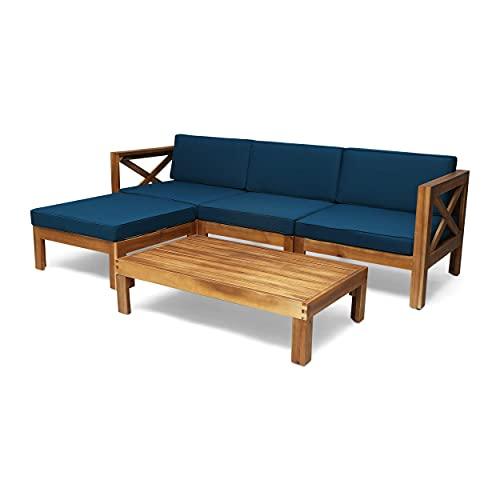 Christopher Knight Home Mamie Outdoor Acacia Wood 5 Piece Sofa Set, Teak Finish, Dark Teal - CookCave