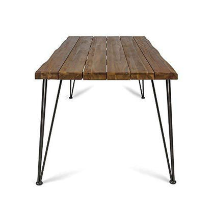 Christopher Knight Home Kama Patio Dining, Rectangular, 72", Acacia Wood Table Top, Rustic Iron Hairpin Legs, Teak Finish, Metal - CookCave