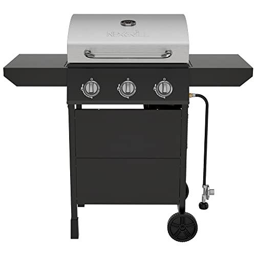 Nexgrill Premium 3 Burner Propane Barbecue Gas Grill, Side Table Open Cart with Wheels, Outdoor Cooking, Patio, Garden Barbecue Grill, 27000 BTUs, Black and Silver - CookCave
