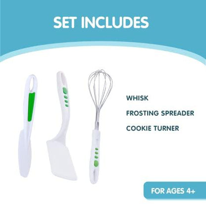 Curious Chef 3-Piece Baking Tool Set for Kids and Toddlers, Stainless Steel Whisk, Nylon Frosting Spreader and Cookie Turner, Real Kitchen Kit - CookCave