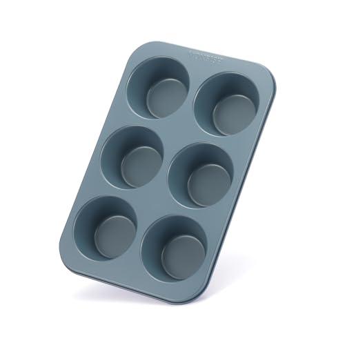 Monfish Muffin Pan 6 Jumbo Cup Carbon Steel Haze Blue non Stick Coating Muffin cupcake Tin 3.5inch cup Roy blue - CookCave