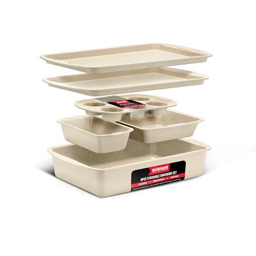 Bakken Swiss - Bakeware Set – 6 Piece – Stackable, Deluxe, Non-Stick Baking Pans for Professional and Home Cooking – Carbon Steel, White Stone Coating - CookCave