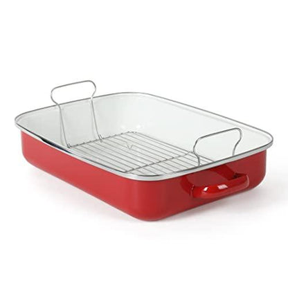 Martha Stewart Thayer 18" Enamel on Steel Roaster Pan w/Stainless Steel Rack - Red - CookCave