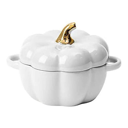 FYUEROPA Pumpkin Bowl Set with Lid and Handle, 14 Oz Ceramic Ramekins for Baking, Casserole Dish Individual Severing Pot, Stoneware, Oven Safe (White) - CookCave