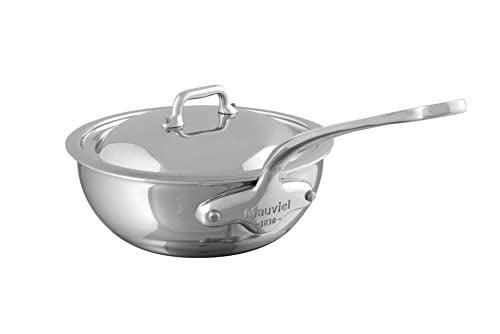 Mauviel M'Cook 5-Ply Polished Stainless Steel Splayed Curved Saute Pan With Lid, And Cast Stainless Steel Handle, 3.4-qt, Made In France - CookCave