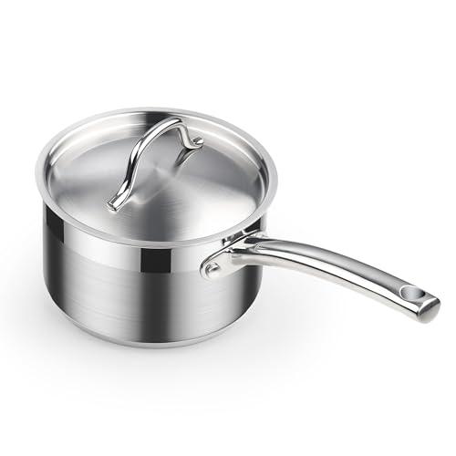 Cooks Standard Saucepan with Lid 18/10 Stainless Steel, 2-Quart Professional Sauce pot Mini Milk Pan, Oven Safe 500℉, Compatible with All Stovetops - CookCave