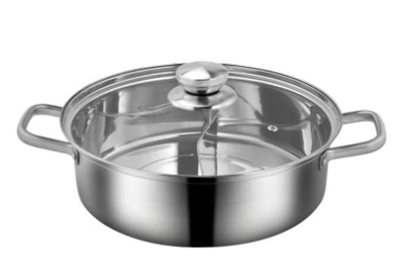 LP Living Plus Dual Sided Stainless Steel Shabu Shabu Hot Pot with Glass Lid, 30cm - CookCave