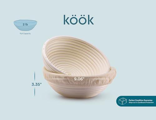Kook Banneton Bread Proofing Set, Artisan Sourdough Bread Making Kit, 9 Inch Handwoven Rattan Baskets and Liners, Set of 2, Round - CookCave