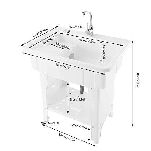 Laundry Sink,Freestanding Plastic Laundry Sink with Washboard,Utility Sink with Hot and Cold Faucet,Hoses and Drain Kit for Garage Basement Garden (25.59x21.65x31.5inch) - CookCave