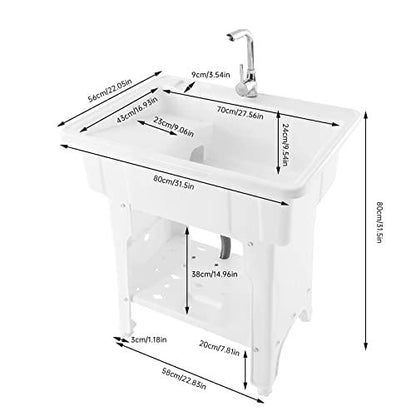 Laundry Sink,Freestanding Plastic Laundry Sink with Washboard,Utility Sink with Hot and Cold Faucet,Hoses and Drain Kit for Garage Basement Garden (25.59x21.65x31.5inch) - CookCave