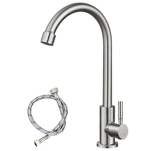 Heyalan Brushed Nickel Kitchen Faucet Cold Water Only 1 Hole Single Handle 360 Degree Swivel Spout Deck Mount High Arc SUS304 Sink Bar Tap Goose Neck with Hose and Longer Thread Pipe - CookCave