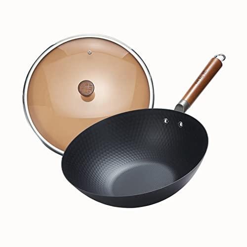 WANGYUANJI Iron Wok,12" Lightweight Woks and Stir Fry Pans with Lid,Wooden Handle Carbon Steel Wok No Chemical Coated Flat Bottom Wok for Induction, Electric, Gas, Halogen All Stoves - CookCave