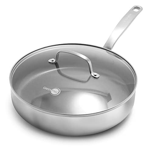 GreenPan Chatham Tri-Ply Stainless Steel Healthy Ceramic Nonstick 3.75QT Saute Pan Jumbo Cooker with Lid, PFAS-Free, Multi Clad, Induction, Dishwasher Safe, Oven Safe, Silver - CookCave