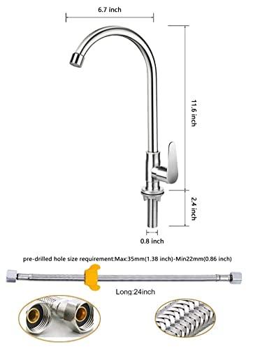 Brushed Nickel Cold Water Faucet Only,SUS304 Stainless Steel Cold Water Kitchen Faucet Single Handle Single Hole Cold Water Faucet for Kitchen,Outdoor, Garden and Bar with Hose and Longer Thread Pipe - CookCave