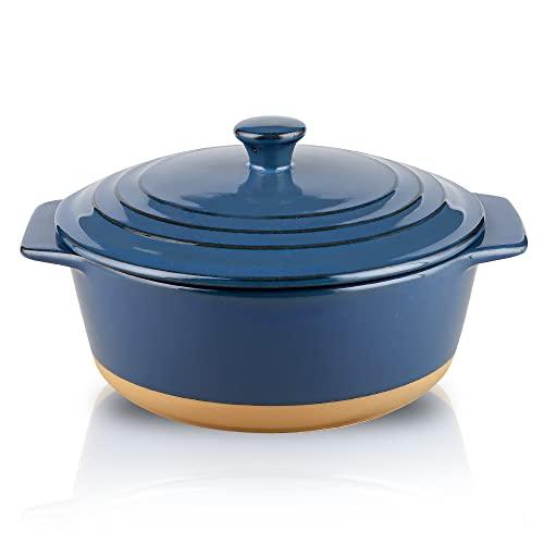 HVH Ceramic Casserole Dish with Lid Oven Safe, 2 Quart Round Casserole Dish Set, 9 Inches Round Baking Dish with Lid Oven Safe, Deep Baking Dishes for Oven with Lids for Party, Farmhouse Style (Blue) - CookCave