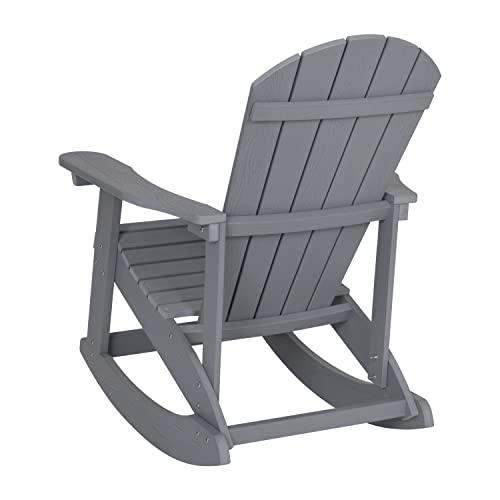 Flash Furniture Savannah Poly Resin Wood Adirondack Rocking Chair - All Weather Gray Polystyrene - Stainless Steel Hardware - CookCave