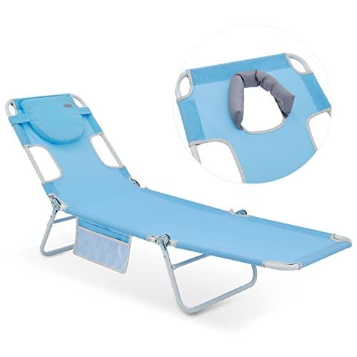 #WEJOY Beach Chaise Lounge Outdoor Lounge Chair with Face Hole Tanning Chair Lightweight Folding Chaise Lounge Indoor Reclining Beach Chair + Removable Pillow for Sunbathing,Patio,Pool,Lawn,Backyard - CookCave