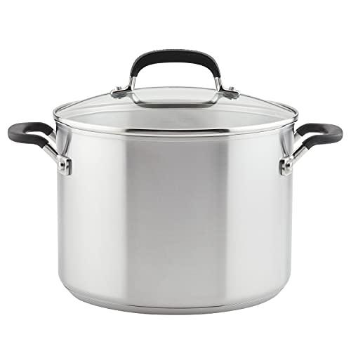 KitchenAid Stainless Steel Stockpot with Measuring Marks and Lid, 8 Quart, Brushed Stainless Steel - CookCave