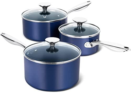 MICHELANGELO Sauce Pan Sets, Ceramic Saucepans with Lids, 1Qt & 2Qt & 3Qt Sauce Pans with Lid, Nonstick Saucepan Set, Small Pot with Stainless Steel Handle, Oven Safe, Blue - CookCave
