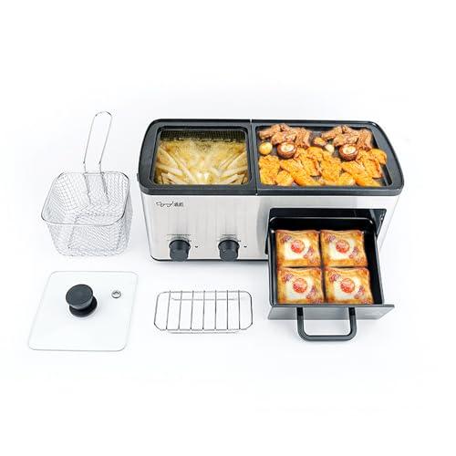 4 in 1 Breakfast Maker Station with Indoor Grill/Griddle/Toast Drawer/Frying Basket, Removable Nonstick Plates, Dual Temperature Control, Silver - CookCave