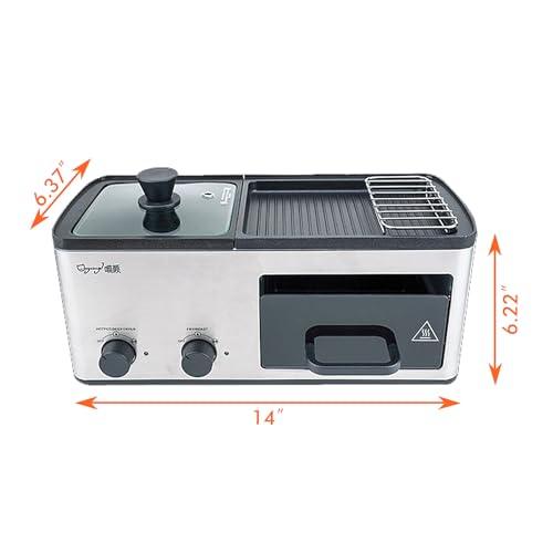 4 in 1 Breakfast Maker Station with Indoor Grill/Griddle/Toast Drawer/Frying Basket, Removable Nonstick Plates, Dual Temperature Control, Silver - CookCave