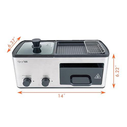 4 in 1 Breakfast Maker Station with Indoor Grill/Griddle/Toast Drawer/Frying Basket, Removable Nonstick Plates, Dual Temperature Control, Silver - CookCave