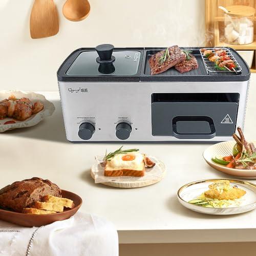 4 in 1 Breakfast Maker Station with Indoor Grill/Griddle/Toast Drawer/Frying Basket, Removable Nonstick Plates, Dual Temperature Control, Silver - CookCave