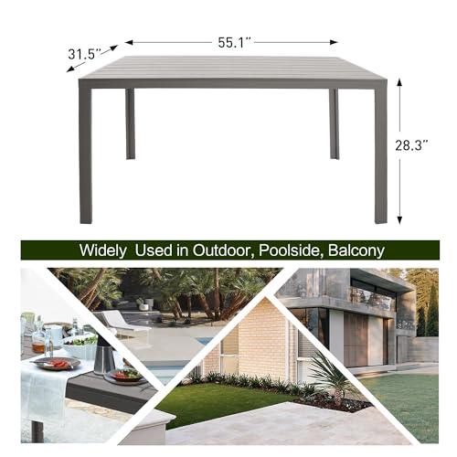 LUCKYERMORE Outdoor Dining Table for 6 Person, 55” Rectangular Patio Dining Table with Aluminum Frame, Metal Table for Deck, Garden, Backyard Use, Grey Wood Look - CookCave