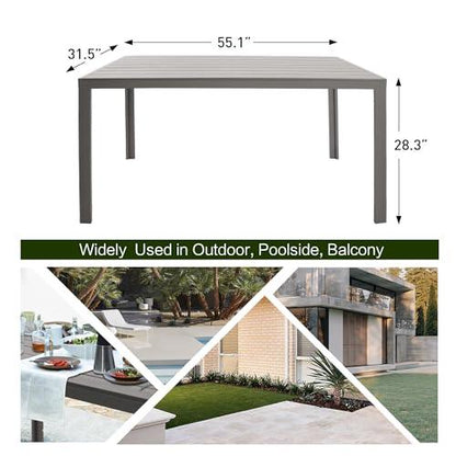 LUCKYERMORE Outdoor Dining Table for 6 Person, 55” Rectangular Patio Dining Table with Aluminum Frame, Metal Table for Deck, Garden, Backyard Use, Grey Wood Look - CookCave