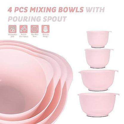 BoxedHome Nesting Plastic Mixing Bowl Set, 4 Piece Mixing Bowl Set with Pour Spouts, Size 1.7, 2.5, 3.5 and 4.5qt, for Prepping, Mixing, Baking, Cooking(2023 New Version, Pink) - CookCave