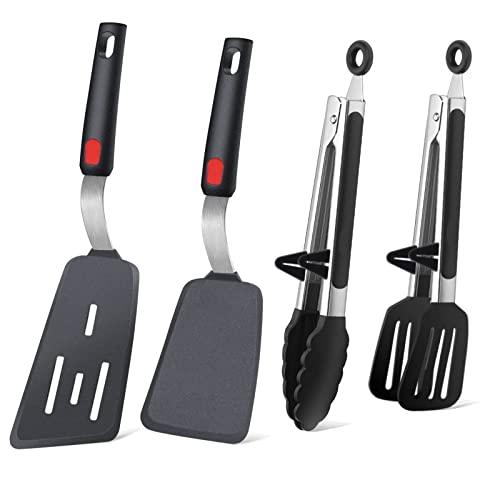 4PCS Flexible Silicone Spatula Turner Set and Kitchen Food Tongs with Silicone Tips, 600F Heat Resistant, Ideal for Flipping Eggs, Fish, Burgers, Pancake and Strong Grip on Salads, Pasta, Steaks, BBQ - CookCave
