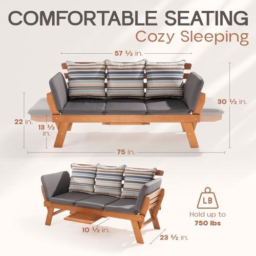 Idzo Amelie Eucalyptus Convertible Outdoor Sofa, 750lbs Capacity Patio Couch with Folding Armrest & Coffee Tray, FSC Certified Wood Furniture Set with 3 Pillows, High Static Load - Gray - CookCave