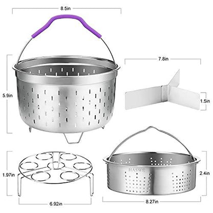 Haswe Steamer Basket for instant Pot Pressure Cooker, Accessories Set Compatible with 5/6/8 Qt InstaPot -18/8 Stainless Steel Strainer Insert with Silicone Handle,Divider,Egg Steamer Rack, 6 Quart - CookCave