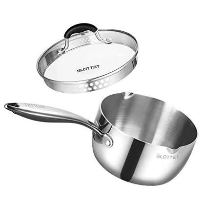 SLOTTET Tri-Ply Whole-Clad Stainless Steel Sauce Pan with Pour Spout,2.5 Quart Small Multipurpose Pasta Pot with Strainer Glass Lid, Saucepan for Cooking with Stay-cool Handle. - CookCave