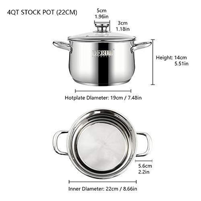 DERUI CREATION Stainless Steel Stock Pot 22CM | 4 Quart with Glass Lids Casserole Pots Induction Saucepans Soup Pot for Cooking - CookCave