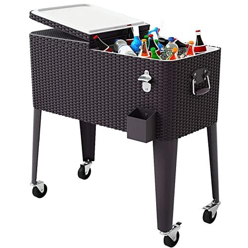 Giantex 80 Quart Rattan Rolling Cooler Cart Outdoor Patio Portable Party Drink Beverage Bar Cold Beach Chest Cart on Wheels, Brown Wicker, 32.7''(L) X18.9''(W) X43.3''(H) - CookCave