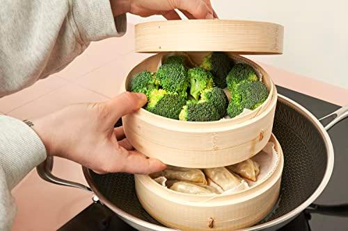 Reishunger Bamboo Steamer Handmade Basket, Traditional 2-Tier Design - 8 Inch - for Dumplings, Rice, Dim Sum, Vegetables, Fish and Meat - Incl. 2 Cotton Cloths - CookCave