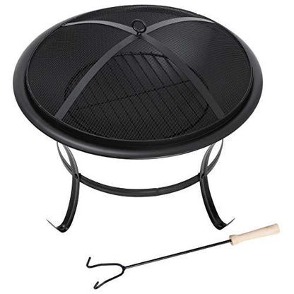 22Inches Fire Pit Outdoor Steel Wood Burning BBQ Grill Firepit Bowl Fireplace with Mesh Screen & Fire Poker, Log Grate - CookCave