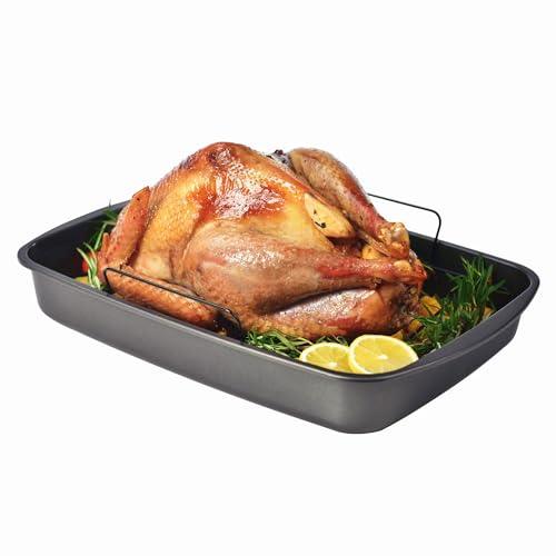 Bakeley Roasting Pan, Nonstick Roaster Pan with Rack, Turkey Roasting Pan with V Rack, 19 Inch x 13 Inch, Black - CookCave