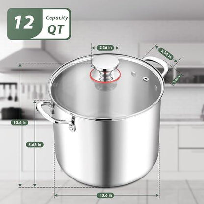 Herogo 12-Quart 18/10 Stainless Steel Stock Pot with Lid, Large Heavy Duty Soup Pot Compatible with Electric, Gas, Induction and Gas Cooktops, Dishwasher Safe - CookCave